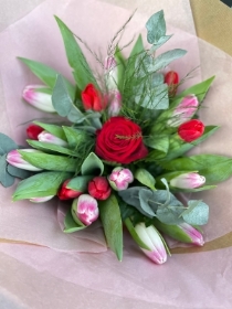 Mix Tulip and Single Red Rose Bouquet